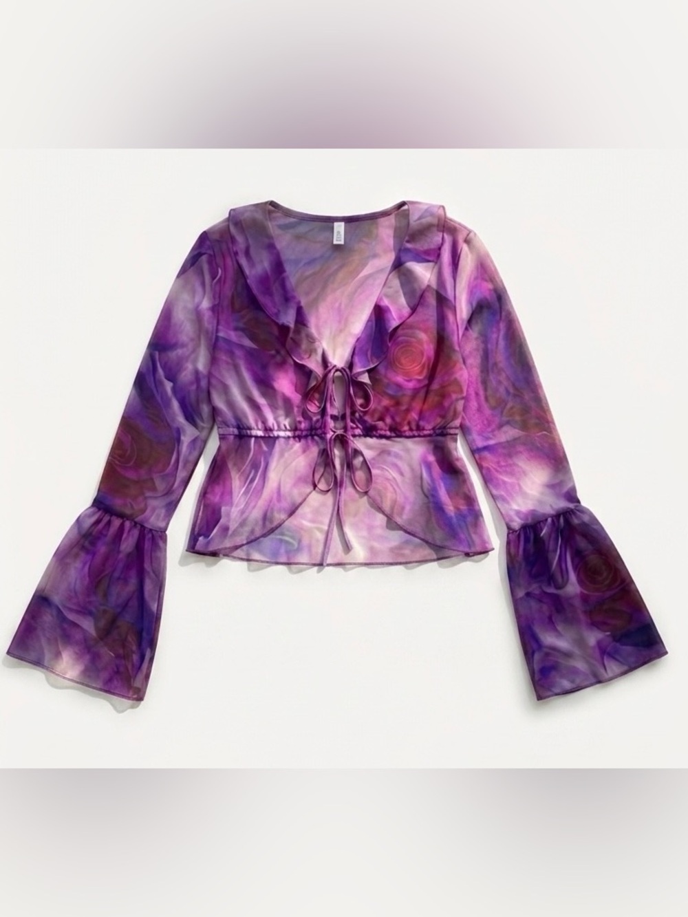 Bershka Fuchsia Purple Floral Mesh Tie Front Cropped Blouse Bell Sleeve Womens M